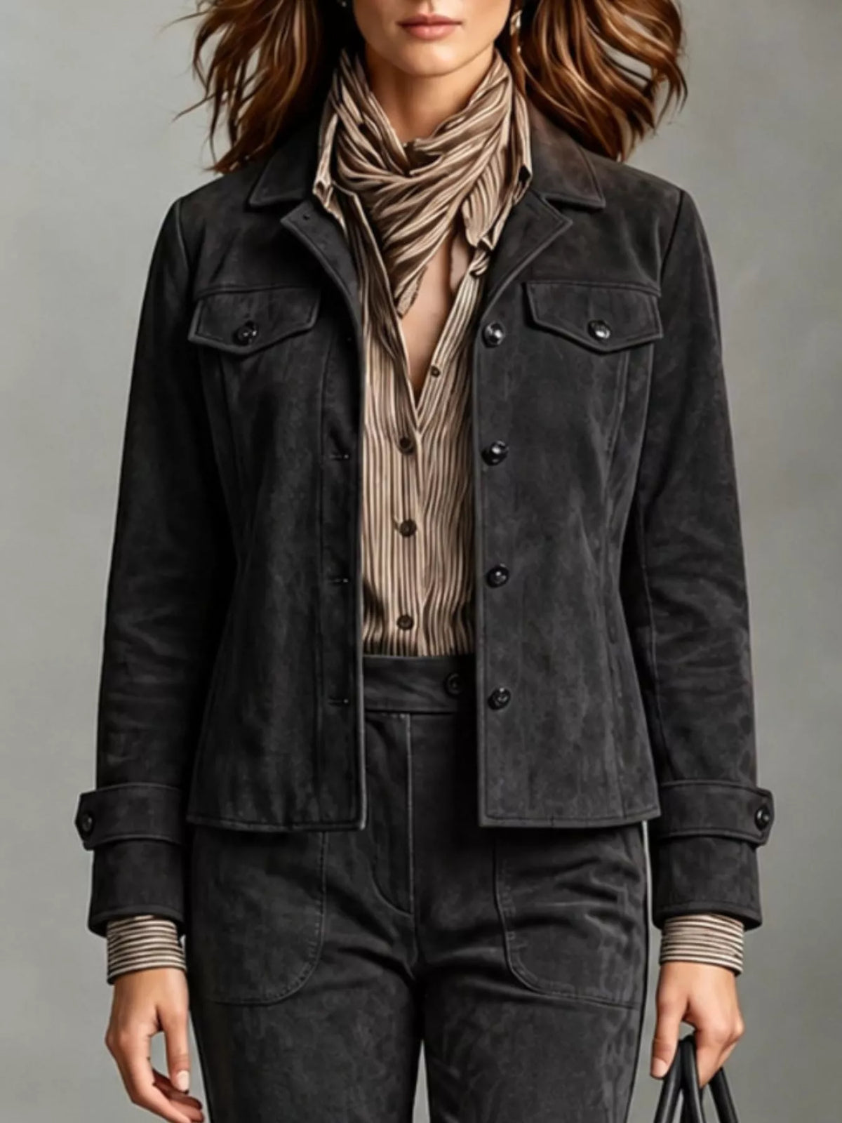 Full Size Suede Utility Blazer with Button-Front Detail Plus Size in Army Green - Blossom's