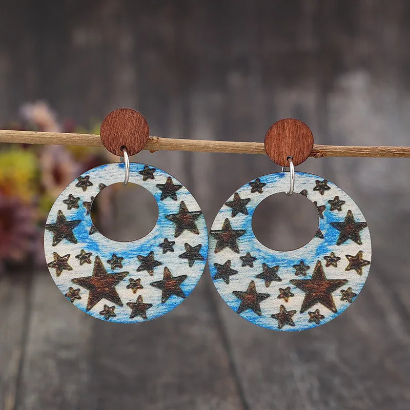 Cutout Star Print Wooden Dangle Earrings - alternate earring view