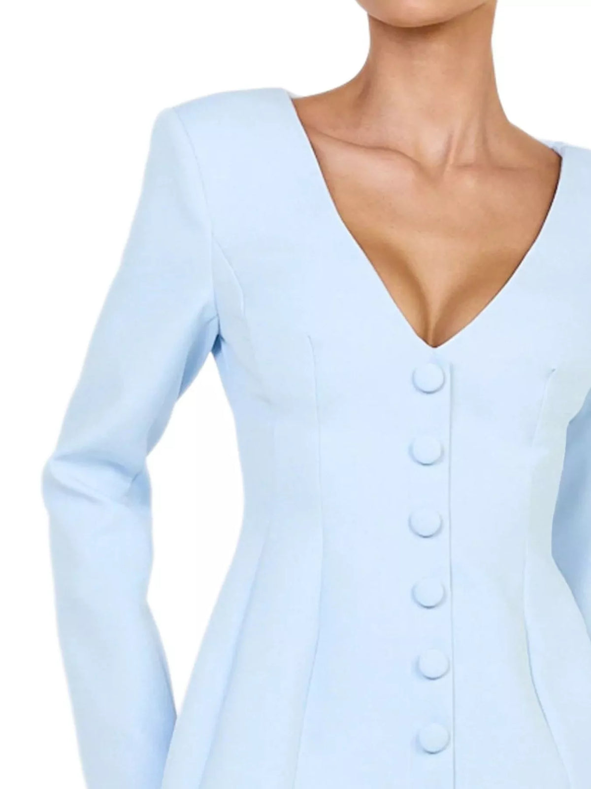 Deep V-Neck Button-Down Blazer Dress in Light Blue - Blossom's