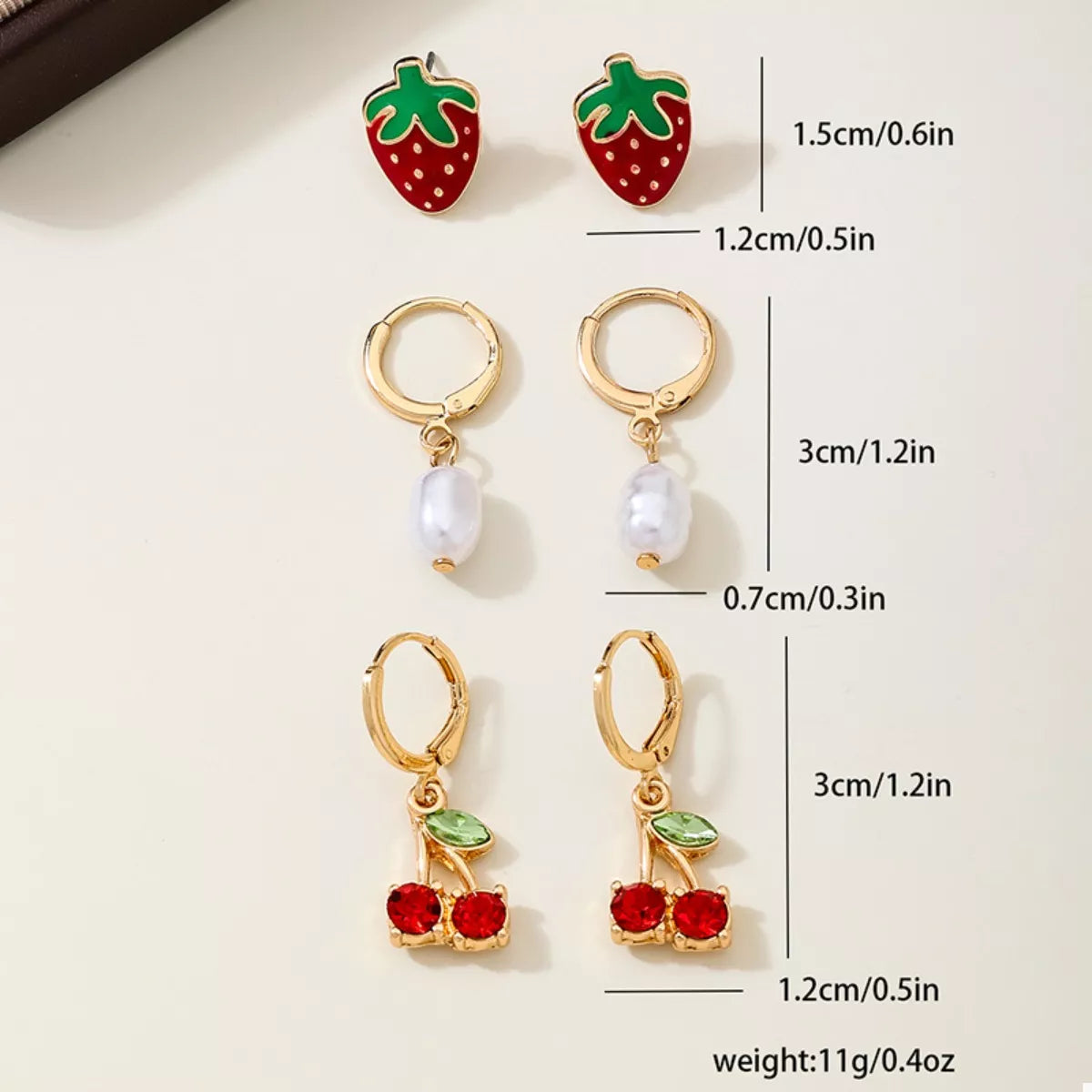 3 Piece 18K Gold-Plated Strawberry Cherry and Pearl Earrings - alternate earring view