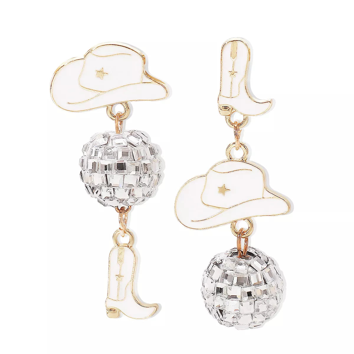 Asymmetrical Cowgirl Boot Hat Ball Dangle Earrings - alternate earring view