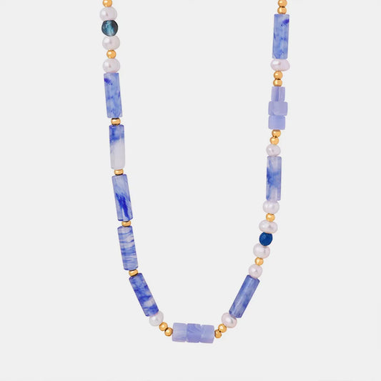 Freshwater Pearl Titanium Steel Geometric Bead Necklace - alternate necklace view