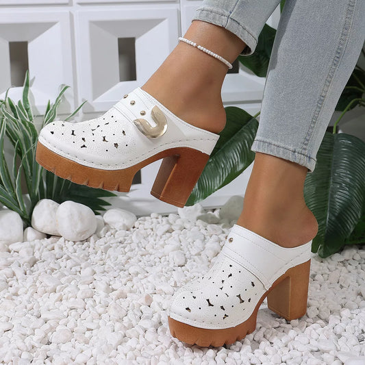 Round-Toe Block-Heel Sandals in White - women's heels