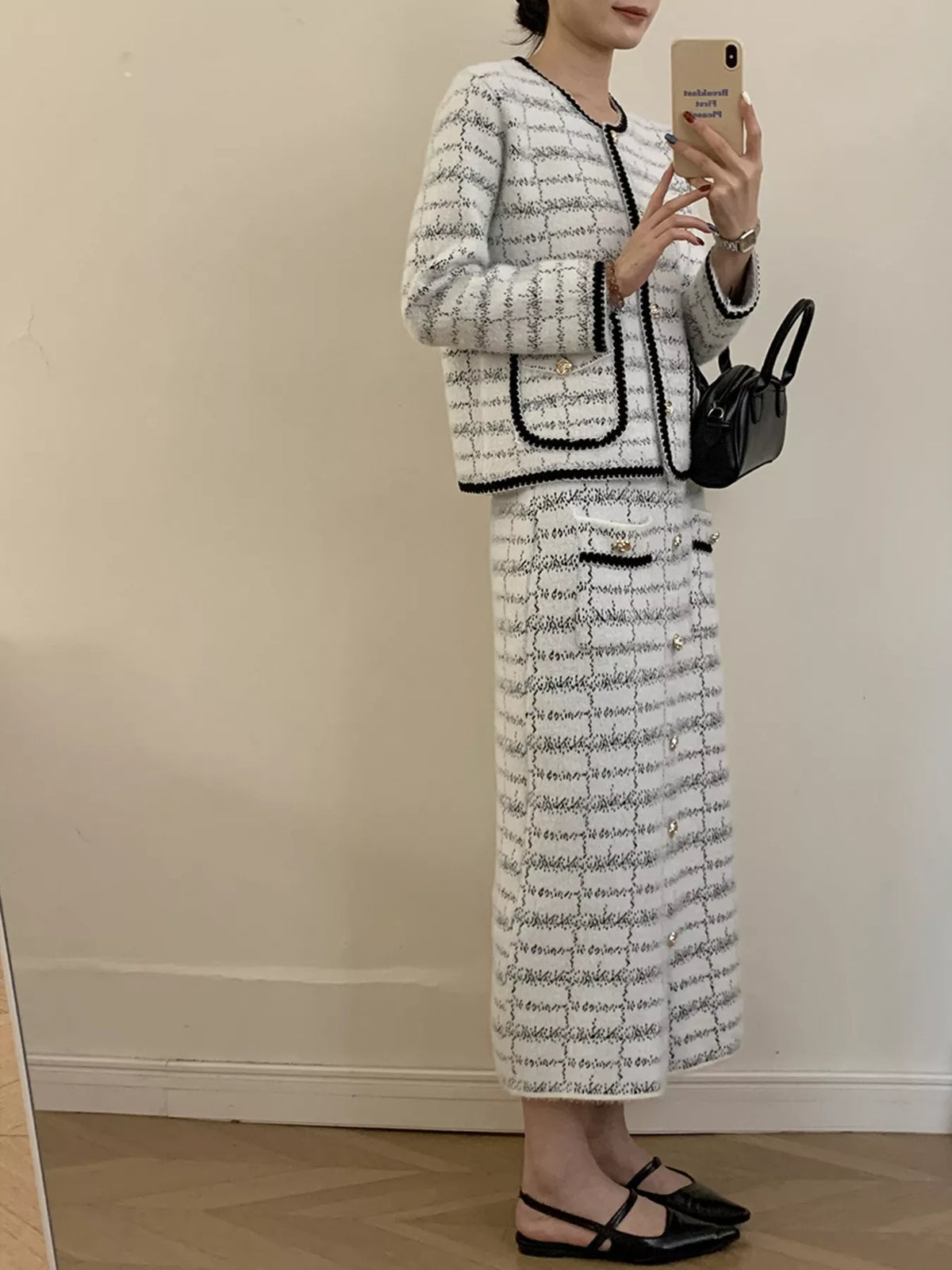 Tweed Contrast Trim Jacket and Skirt Set - alternate view