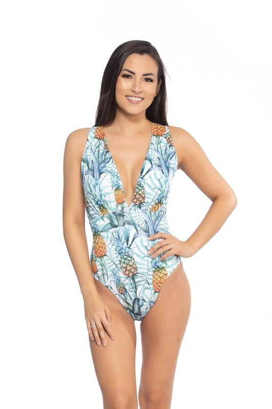 Pineapple Print Plunge One Piece