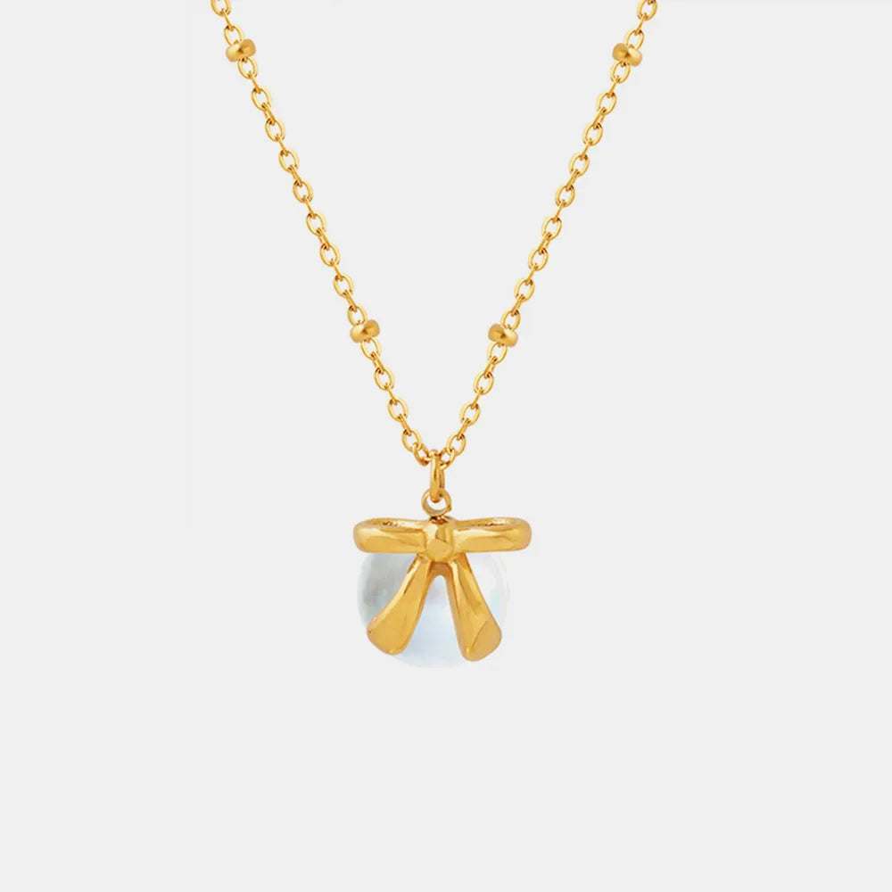 Titanium Steel Bow & Bead Pendant Necklace - alternate necklace view