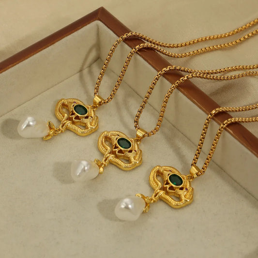 Freshwater Pearl Titanium Steel Geometric Necklace - alternate necklace view
