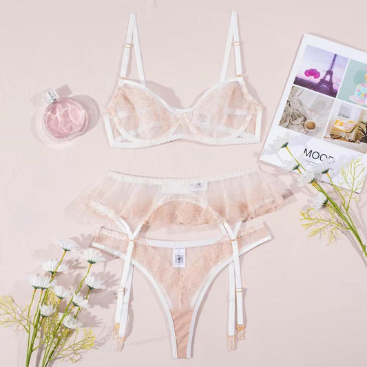 Champagne Petal Sheer Lace 3 Piece Lingerie Set