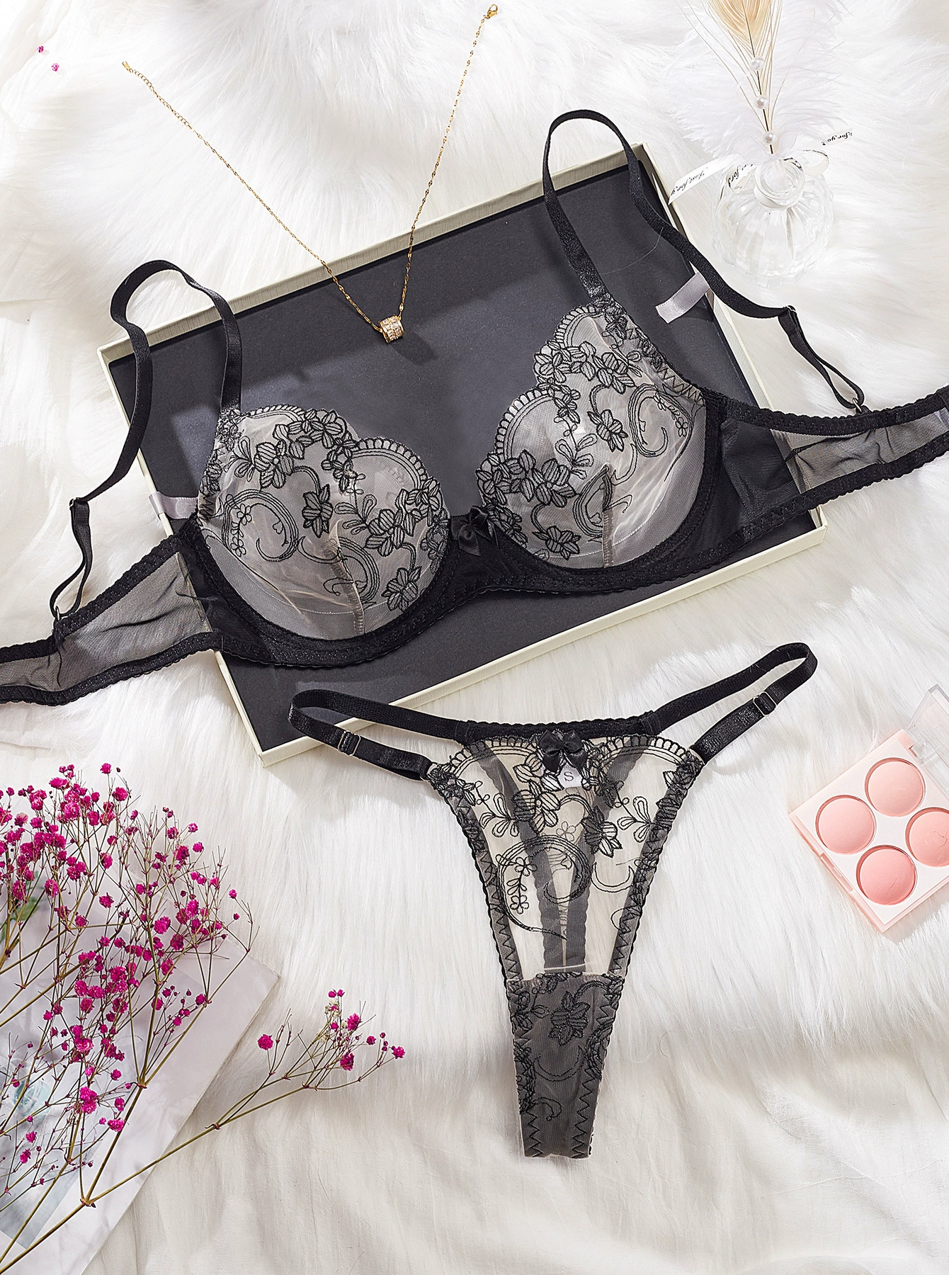 Midnight Embroidered 2-Piece Lace Lingerie Set