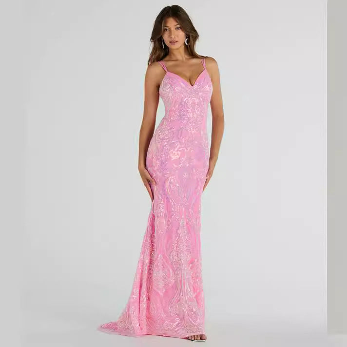 Lace up Mermaid Sequ Pink Dress Spring Summer Vacation Casual Dress
