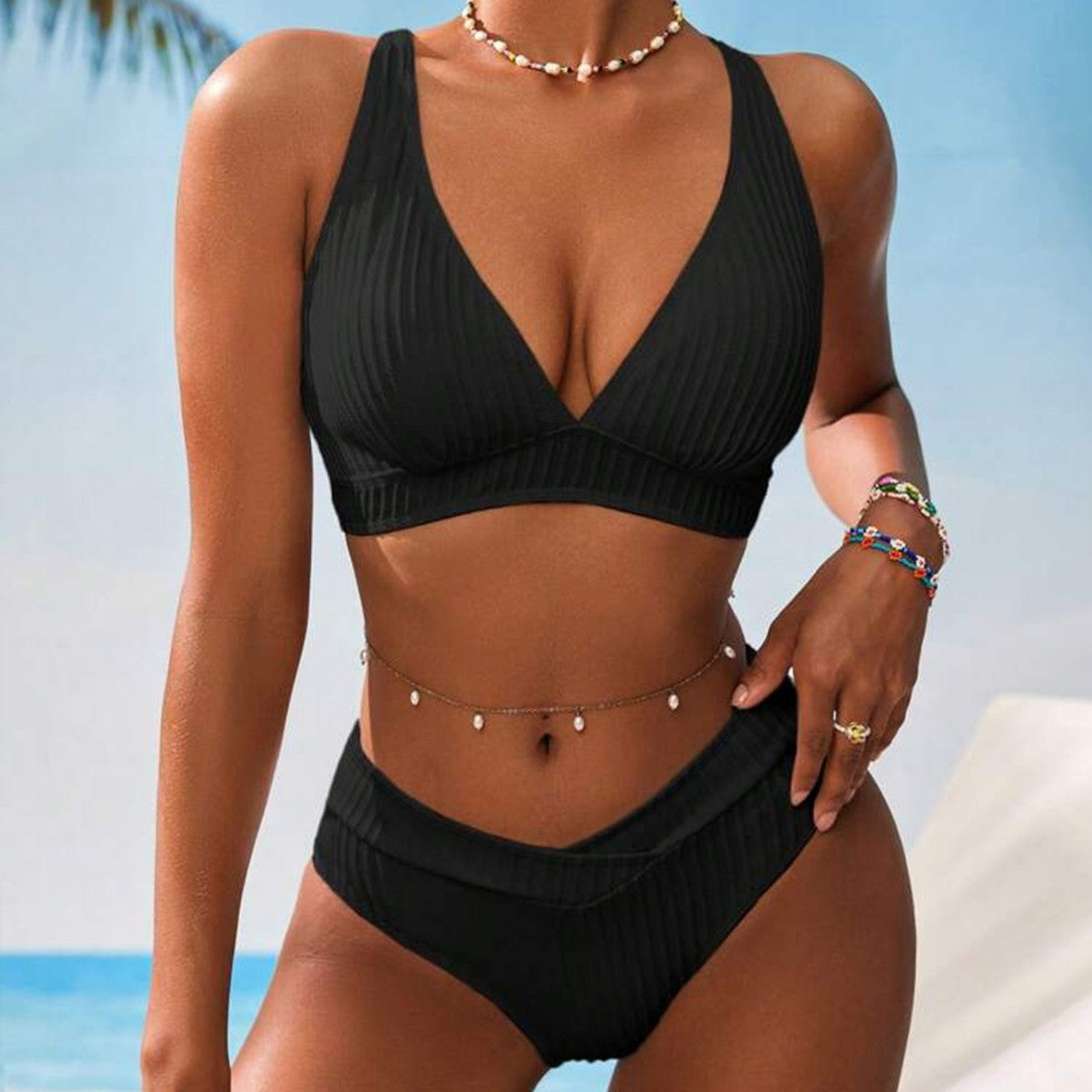 Bikini Solid Color Deep V Plunge Thread Sunken Stripe Sexy Bikini Split Swimsuit Women