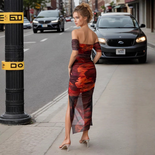 Summer Hip Fantasy Red off Neck Split Wavy Edge Sexy Mesh Dress Women