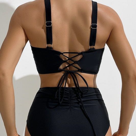 Bikini Solid Color Wrinkle High Waist Sexy Bikini Split Swimsuit Swimwear