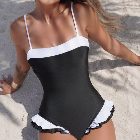 Sexy Solid Color One Piece Swimsuit Women Flounced Slim Slimming Swimsuit