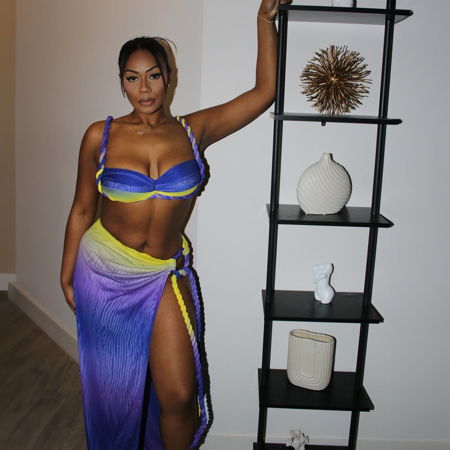 Summer Sexy Beach Vacation Swimsuit Woven Halter Top Top Split Skirt Set