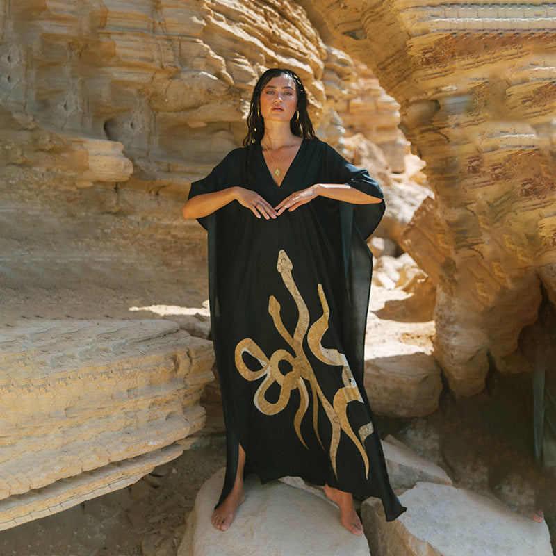 Beach Dress Women V neck Pullover Bikini Swimsuit Blouse Printing Sun Protective Clothing