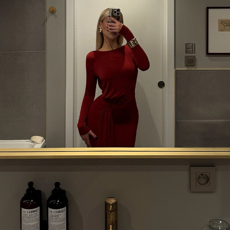 Round Neck Long Sleeve Bare Back Waist Controlled Lace up Elegant Slim Red Carpet Dress