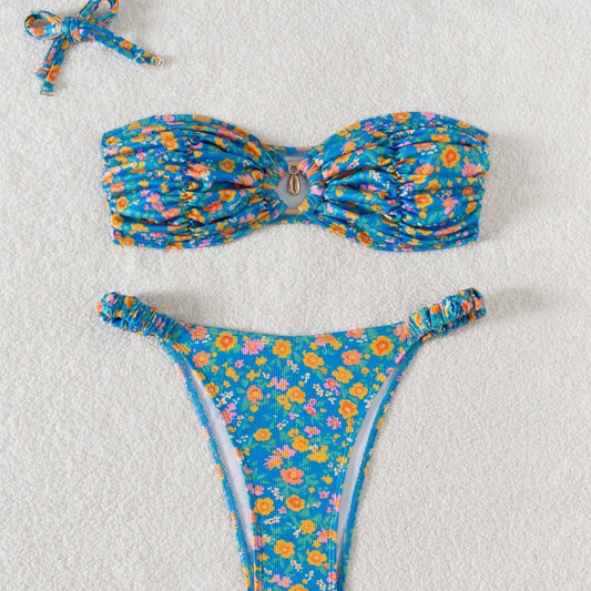 Floral Tie Neck Bikini Sexy Split Swimsuit Women Beach Spring Swimsuit Bikini