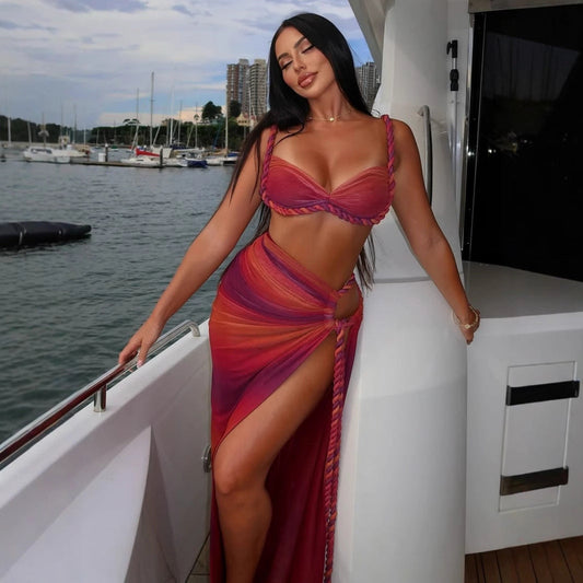 Summer Sexy Beach Vacation Swimsuit Woven Halter Top Top Split Skirt Set