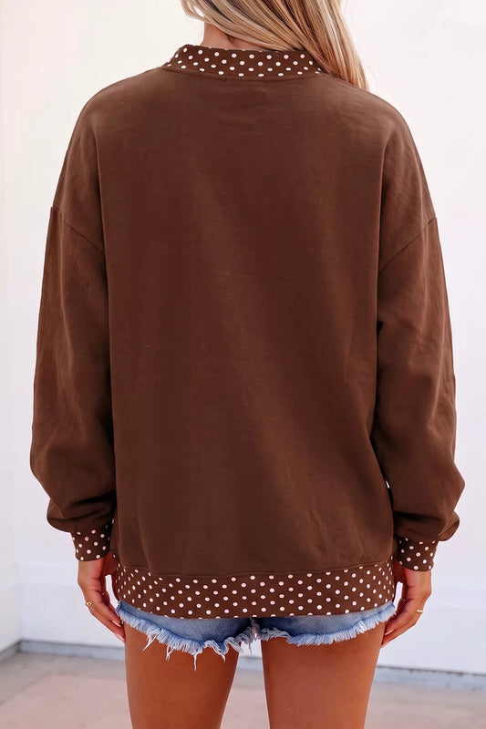 'HOWDY' Graphic Polka Dot Trim Sweatshirt in Brown - women's sweatshirt
