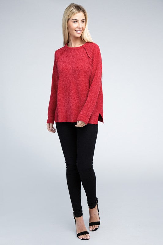 Chenille Side‑Slit Crew Sweater