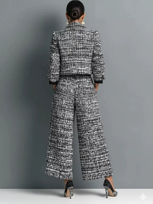 Tweed Cropped Jacket and Wide-Leg Pants Set in Black - Blossom's