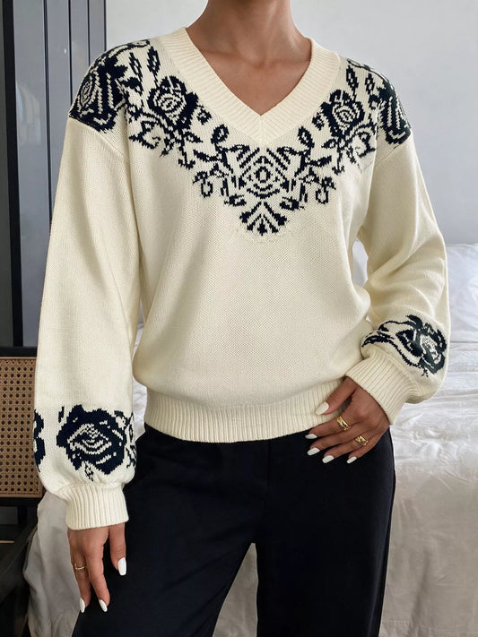 Floral Dropped-Shoulder Sweater in Apricot - women's sweater