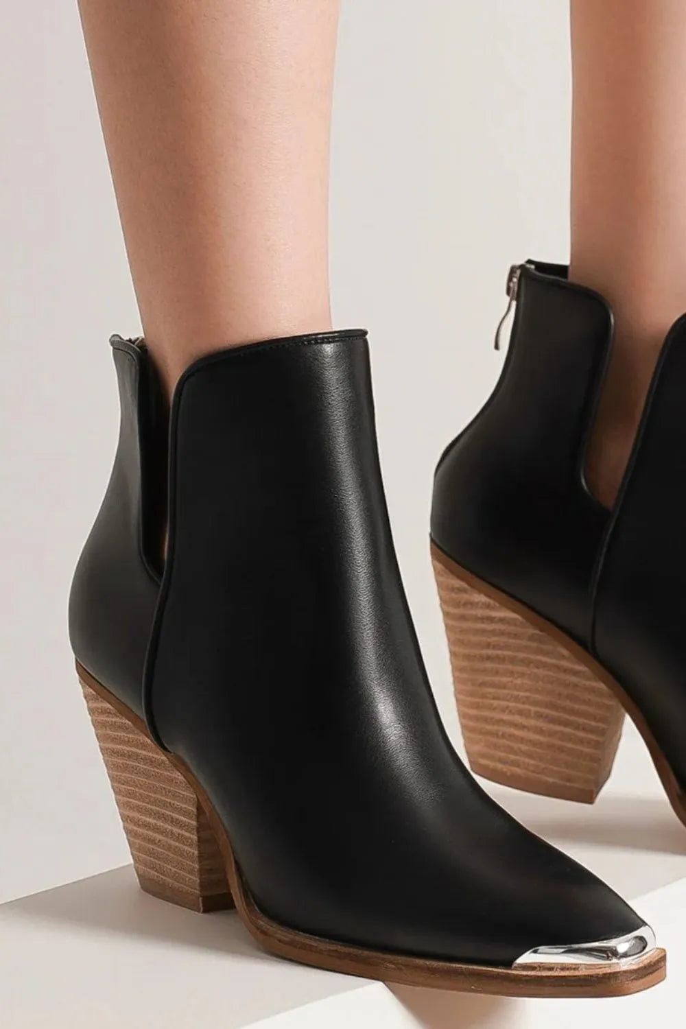 Pointed Metal-Tip Toe Block-Heel Ankle Boots in Black - women's ankle boots