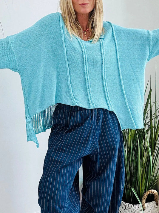 High-Low Dropped-Shoulder Sweater in Blue - women's sweater