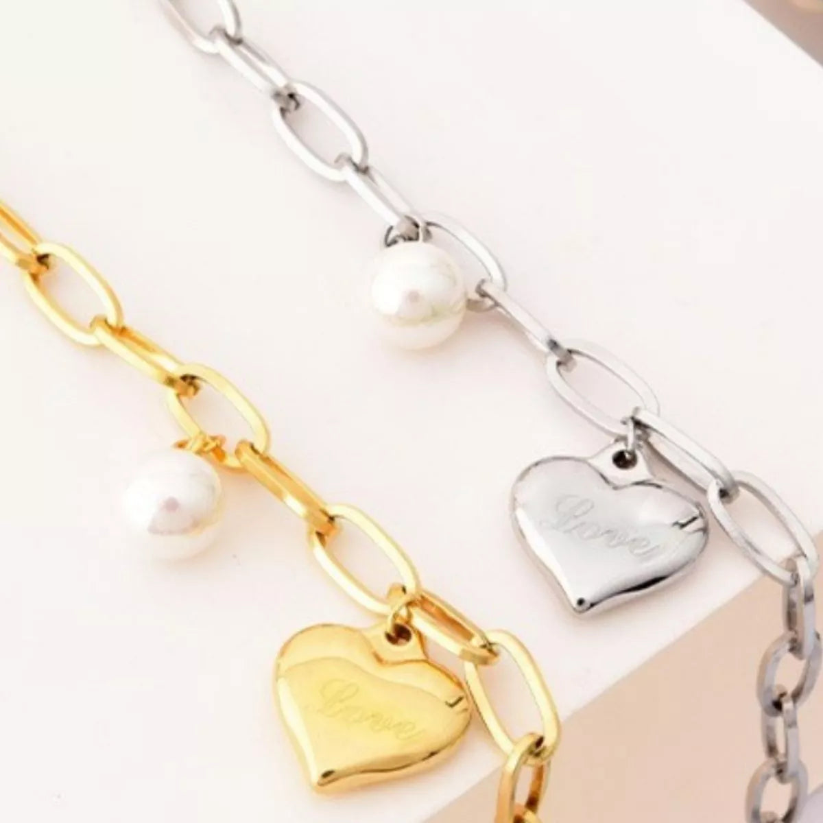 Heart Charm Pearl Accent Chain Bracelet - alternate jewelry view