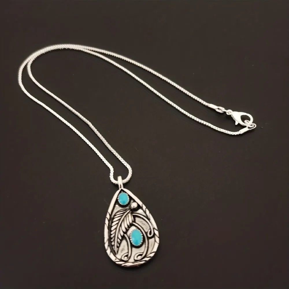 Alloy Artificial Turquoise Teardrop Pendant Necklace - alternate necklace view