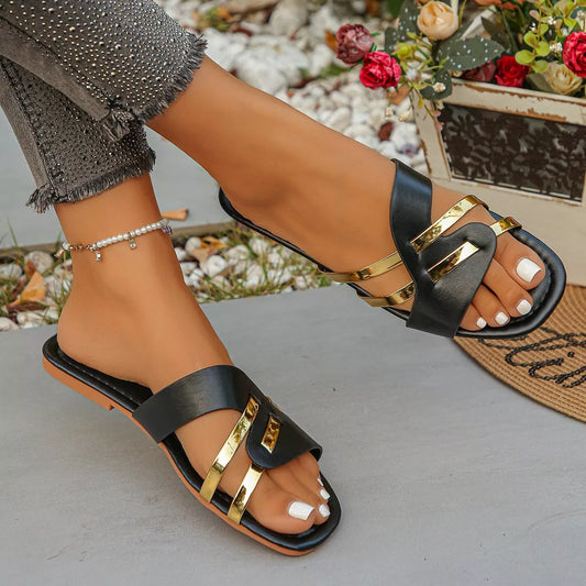 Open-Toe Flats Sandals in Black - women's flat sandals