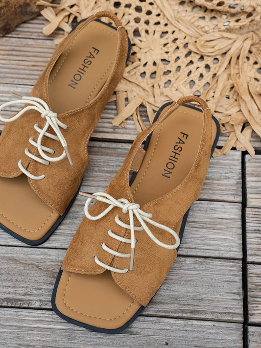 Casual Lace-Up Open-Toe Flat Sandals in Khaki - women's flat sandals