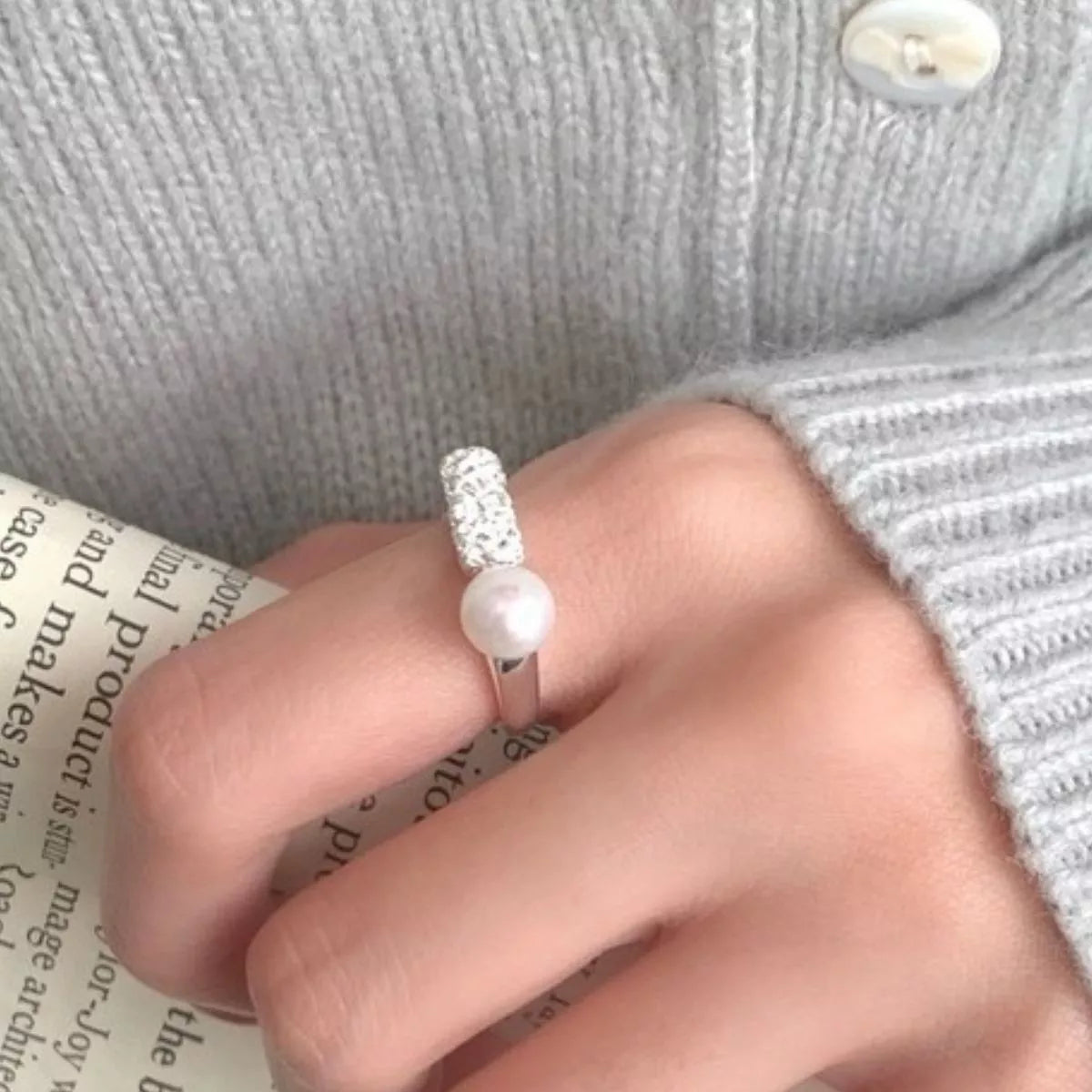 Pearl Sterling Silver Open Ring - alternate ring view