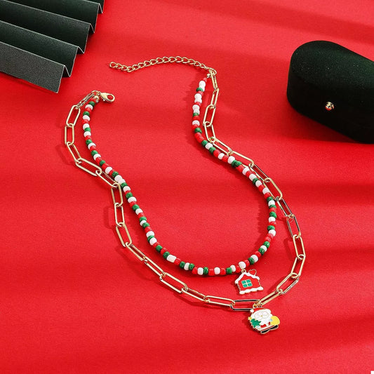 Christmas Double-Layer Necklace with Colorful Beads and Pendant - alternate necklace view