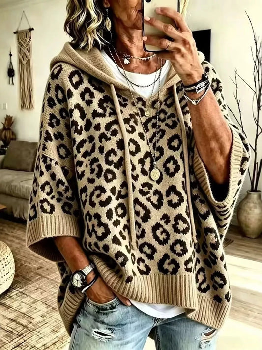 Drawstring Leopard Hooded Sweater in Khaki - women's hooded sweater