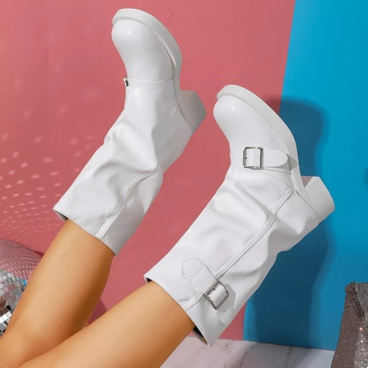 Round-Toe Block-Heel Boots in White - women's boots