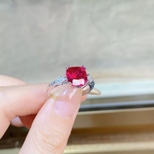 Sterling Silver Zircon Geometric Ring in Red - women's ring