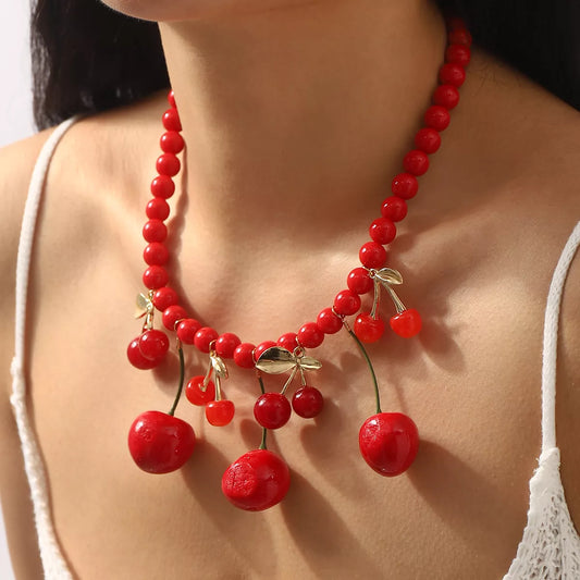 Cherry Charm Beaded Statement Necklace - alternate necklace view