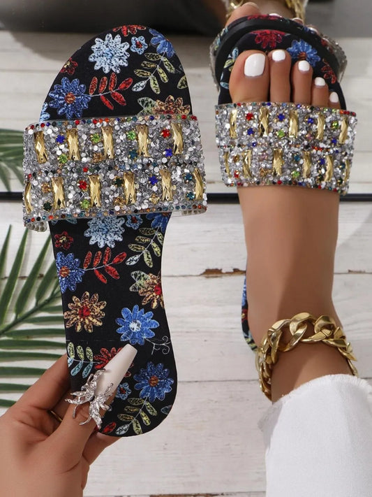 Floral Print Rhinestone Decorated Sandals in White - women's flat sandals