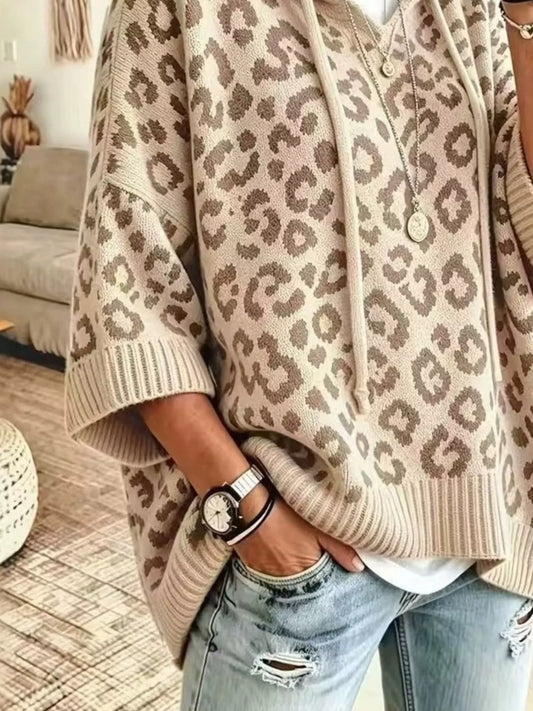 Leopard Print Hooded Knit Sweater in Apricot - women's hooded sweater