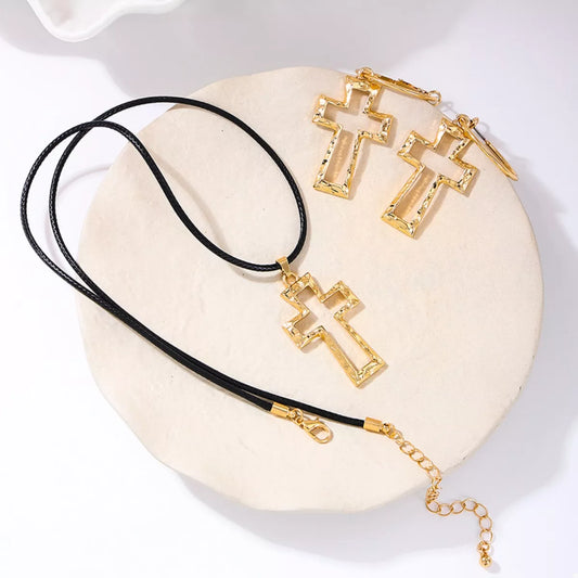 Cross Pendant Necklace & Hoop Earrings Set in Silver - women's pendant necklace