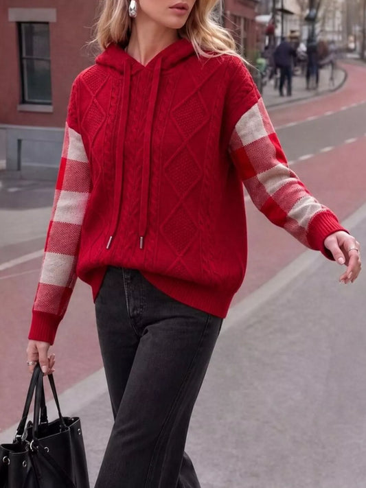 Cable-Knit Plaid Sleeves Hooded Sweater in Red - women's hooded sweater