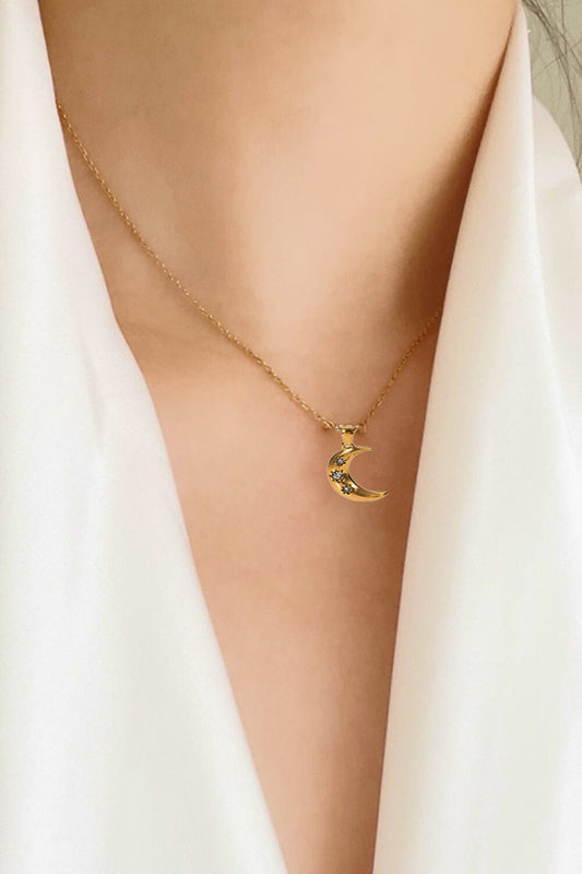 18K Gold-Plated Inlaid Zircon Moon Pendant Necklace - alternate necklace view