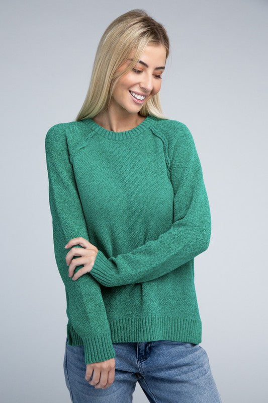 Chenille Side‑Slit Crew Sweater