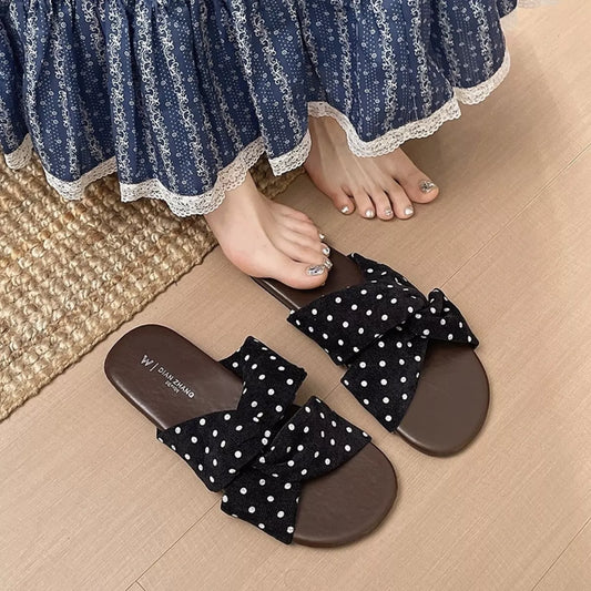 Bow-Knot Polka Dot Flat Sandals in Black - women's flat sandals