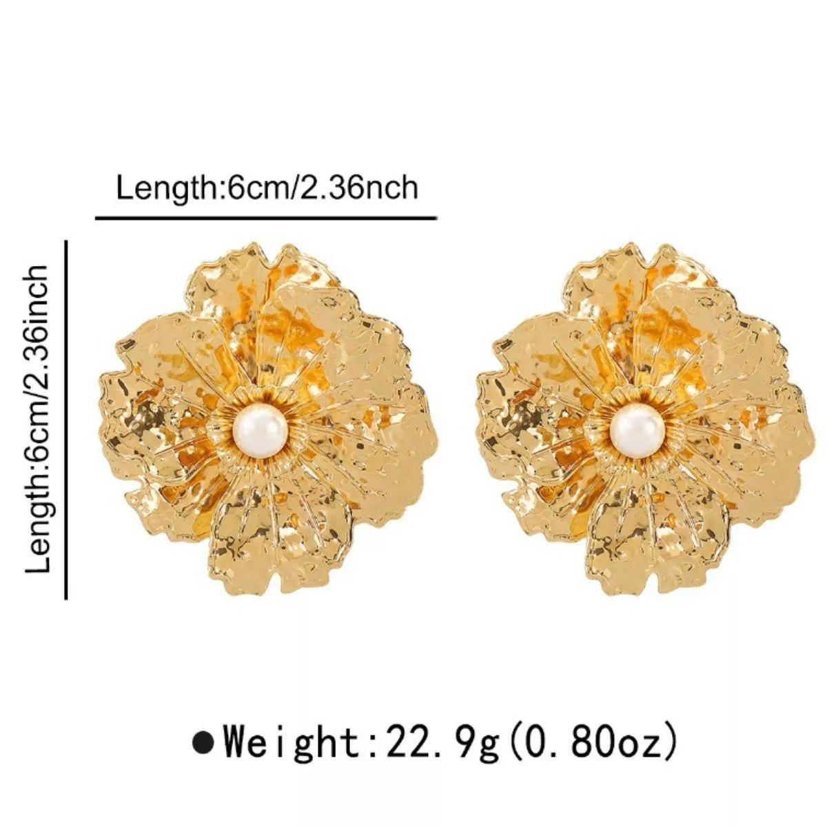 Gold Textured Flower Pearl Center Statement Earrings - alternate earring view