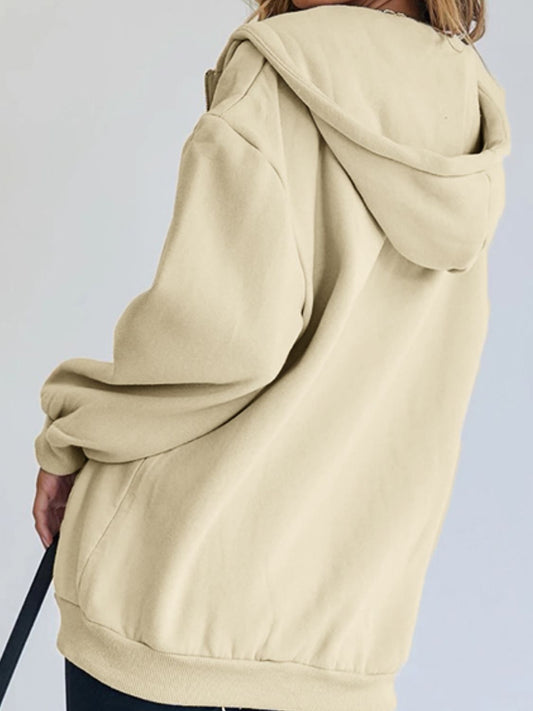 Zip-Up Drawstring Hoodie in Ivory - women's hoodie