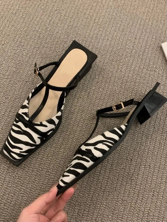 Square-Toe T-Strap Sandals in Black - women's heels