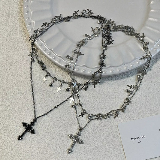 Double Layered Cross Pendant Necklace in Black - women's pendant necklace